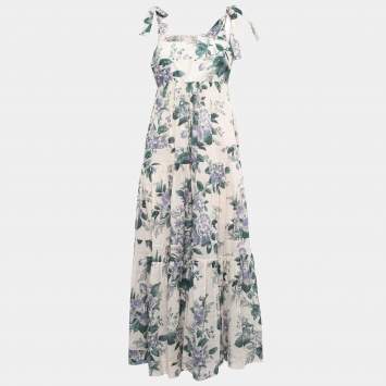 Pre Owned Zimmermann Pink/Blue Floral Print Cotton Tiered Midi Dress S