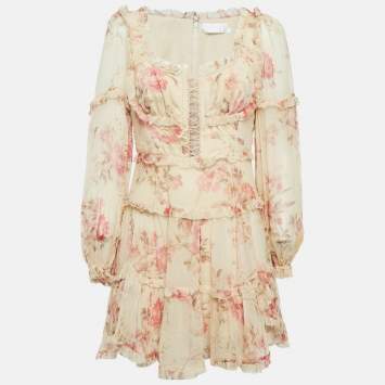 Pre Owned Zimmermann Yellow Floral Print Silk Corsair Corset Frill Mini Dress M