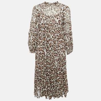 مملوكة مسبقًا Zimmermann Brown Leopard Print Silk Chiffon Tiered Midi Dress M