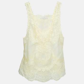 Pre Owned Zimmermann Yellow Linen and Silk Blend Lace Trim Sleeveless Top S