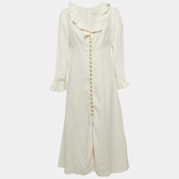 Pre Owned Zimmermann White Linen Button Front Midi Dress L