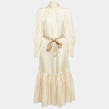 Pre Owned Zimmermann Cream Silk Puff Sleeves Gathered Midi Dress L
