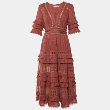 مملوكة مسبقًا Zimmermann Pink Broderie Anglaise Cotton Corsair Tiered Dress L
