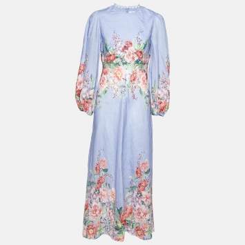 Pre Owned Zimmermann Purple Floral Print Linen Bellitude Long Dress L
