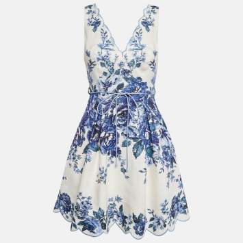 Pre Owned Zimmermann White Floral Print Scallop Detail Mini Dress XS