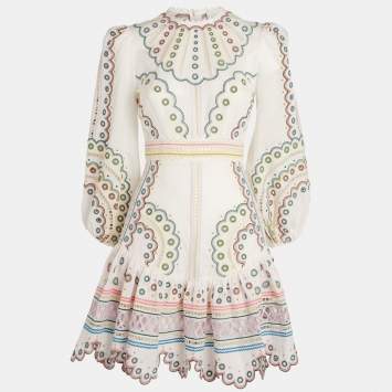 Pre Owned Zimmermann White Linen and Cotton Embroidered Mini Dress XS