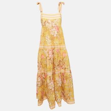 مملوكة مسبقًا Zimmermann Yellow Floral Print Cotton Shoulder Tie-Up Midi Dress L
