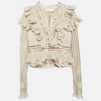 Pre Owned Zimmermann Beige Wool Blend Lace Ruffled V-Neck Top M