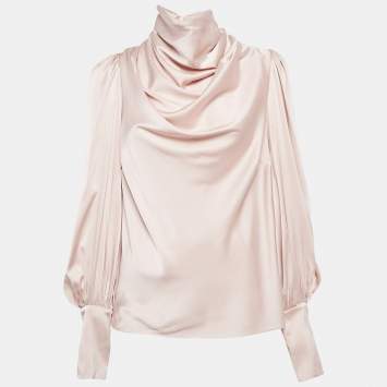 Pre Owned Zimmermann Pink Satin Silk High Cowl Neck Blouse M