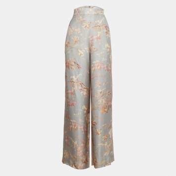 Pre Owned Zimmermann Grey Floral Print Textured Crepe Palazzo Pants M