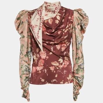 Pre Owned Zimmermann Brown Floral Print Silk Blend Puff Sleeve Top M
