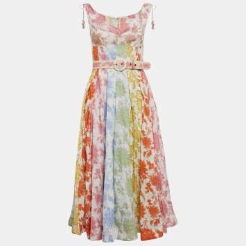 Pre Owned Zimmermann Multicolor Floral Print Linen Belted Midi Dress M