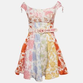 Pre Owned Zimmermann Multicolor Floral Print Linen Postcard Spliced Mini Dress M