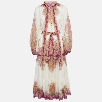 مملوكة مسبقًا Zimmermann White Paisley Print Cotton Blend Teddy Midi Dress M