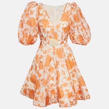 Pre Owned Zimmermann Orange Floral Print Linen Blend Puff Sleeve Postcard Mini Dress M