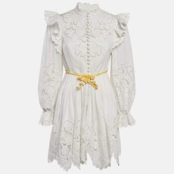 Pre Owned Zimmermann White Broderie Anglaise Linen Carnaby Ruffled Mini Dress M