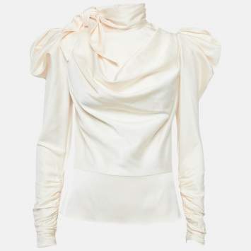 Pre Owned Zimmermann Cream Silk Tie-Up High Neck Blouse M