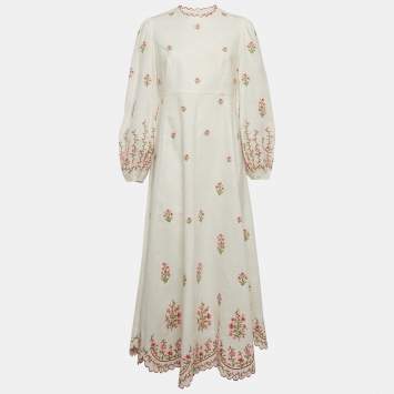 Pre Owned Zimmermann White Poppy Floral Embroidered Linen Scallop Midi Dress L