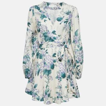 Pre Owned Zimmermann Off White Floral Print Linen Mini Wrap Dress L