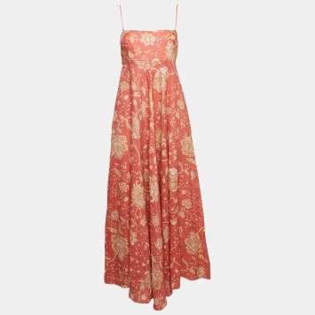 Pre Owned Zimmermann Pink Floral Print Linen Flared Maxi Dress L