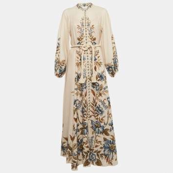 Pre Owned Zimmermann Beige Floral Print Linen Button Front Maxi Dress M