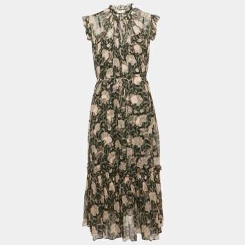 مملوكة مسبقًا Zimmermann Black Floral Print Silk Flounce Midi Dress L