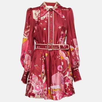 مملوكة مسبقًا Zimmermann Burgundy Concert Print Silk Belted Mini Dress M