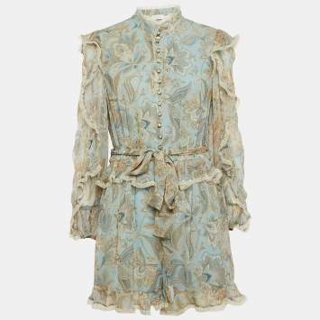 Pre Owned Zimmermann Blue Paisley Print Silk Lace Insert Playsuit L