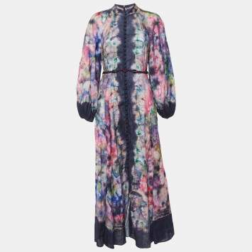 Pre Owned Zimmermann Purple Printed Linen Tropicana Billow Long Dress L