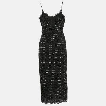 Pre Owned Zimmermann Black Polka Dots Print Silk Lace Trim Slip Midi Dress S