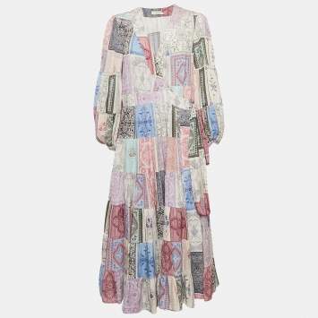 Pre Owned Zimmermann Lavender Bandana Print Crepe Tiered Midi Wrap Dress L