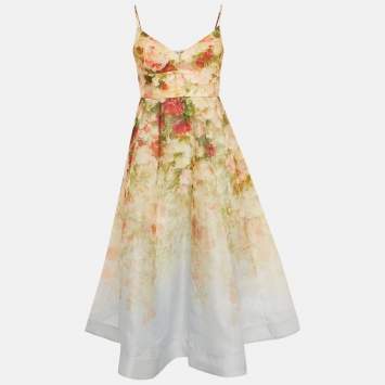 Pre Owned Zimmermann Beige Floral Print Linen Blend Ombre Midi Dress M