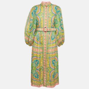 Pre Owned Zimmermann Multicolor Printed Linen Belted Midi Dress M