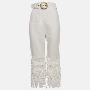Pre Owned Zimmermann White Linen Lace Trimmed High Tide Nautical Pants L