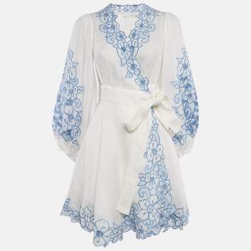 Pre Owned Zimmermann White Floral Embroidery Linen Mini Wrap Dress XS