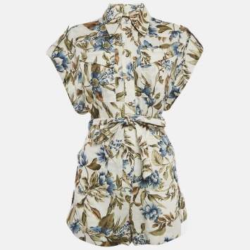 Pre Owned Zimmermann Beige Floral Print Linen Belted Aliane Playsuit XS