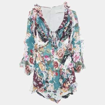 Pre Owned Zimmermann Green/Burgundy Floral-print Linen Allia Cutout Ruffled Mini Dress M