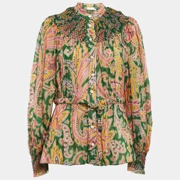 Pre Owned Zimmermann Green/Yellow Teddy Paisley Print Shirring Detail Blouse L