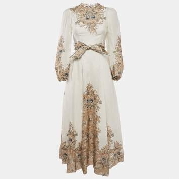Pre Owned Zimmermann Cream Freja Paisley-Print Linen Maxi Dress XS