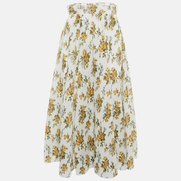 Pre Owned Zimmermann White Floral Plissé Midi Skirt L