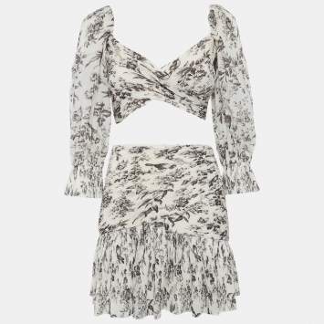 Pre Owned Zimmermann Light Beige Printed Plisse Top and Skirt Set S