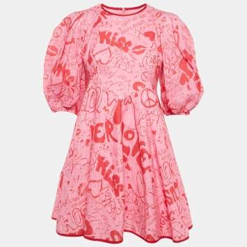 Pre Owned Zimmermann Pink/Red Graffiti Print Linen Day Mini Dress M