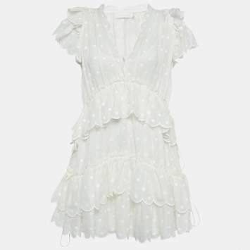 Pre Owned Zimmermann White Polka Dots Embroidered Ramie Tiered Mini Dress S