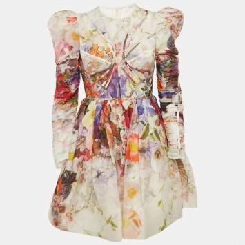 Pre Owned Zimmermann White/Purple Floral Print Linen Blend Mini Dress M