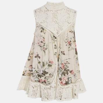 Pre Owned Zimmermann Beige Floral Print Cotton Lace Trim Top S