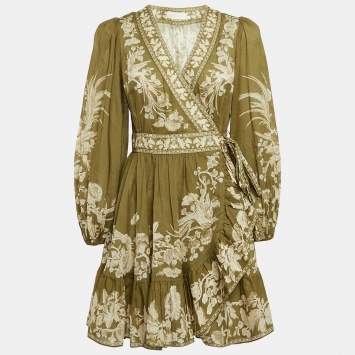 Pre Owned Zimmermann Green Floral Print Cotton Mini Anneke Wrap Dress M