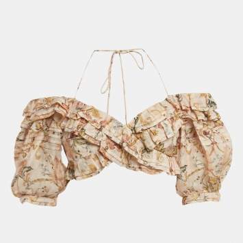 Pre Owned Zimmermann Beige Floral Print Linen Ruffled Crop Top M