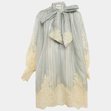 Pre Owned Zimmermann Blue/Cream Striped Linen Blend and Lyrical Lace Mini Dress M