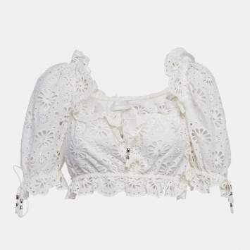 Pre Owned Zimmermann White Broderie Anglaise Cotton Crop Top S