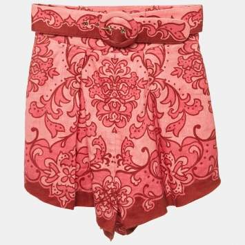 Pre Owned Zimmermann Pink Printed Linen Belted Shorts S